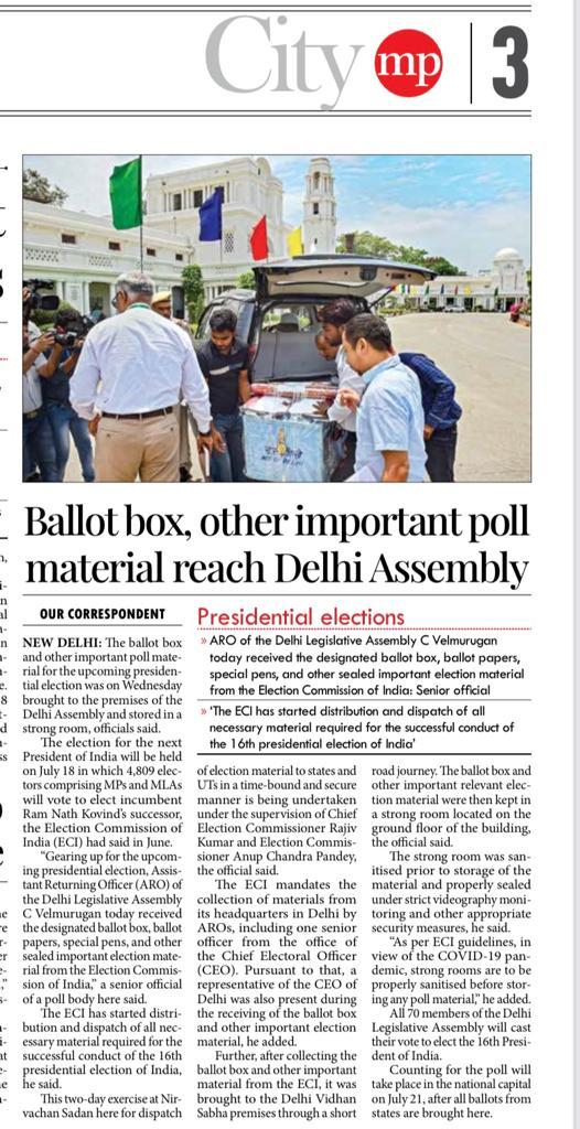 CeodelhiOffice's tweet photo. Presendential Election of India: Print media coverage: Delhi
@CeodelhiOffice 
@ECISVEEP
#Presendential 
#Election 
#Delhi 
#chalovoterbanehum #NoVoterToBeLeftBehind https://t.co/9Og9IcY4XC