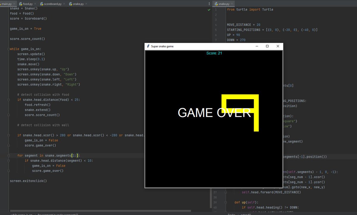 Daniel_Acvs's tweet photo. Day 21, #100DaysOfCode #Python

Trying to master Python by building 100 projects in 100 days

I lost on purpose to check my snake game code 

#Python #pythonist https://t.co/pgcp6GTcm2