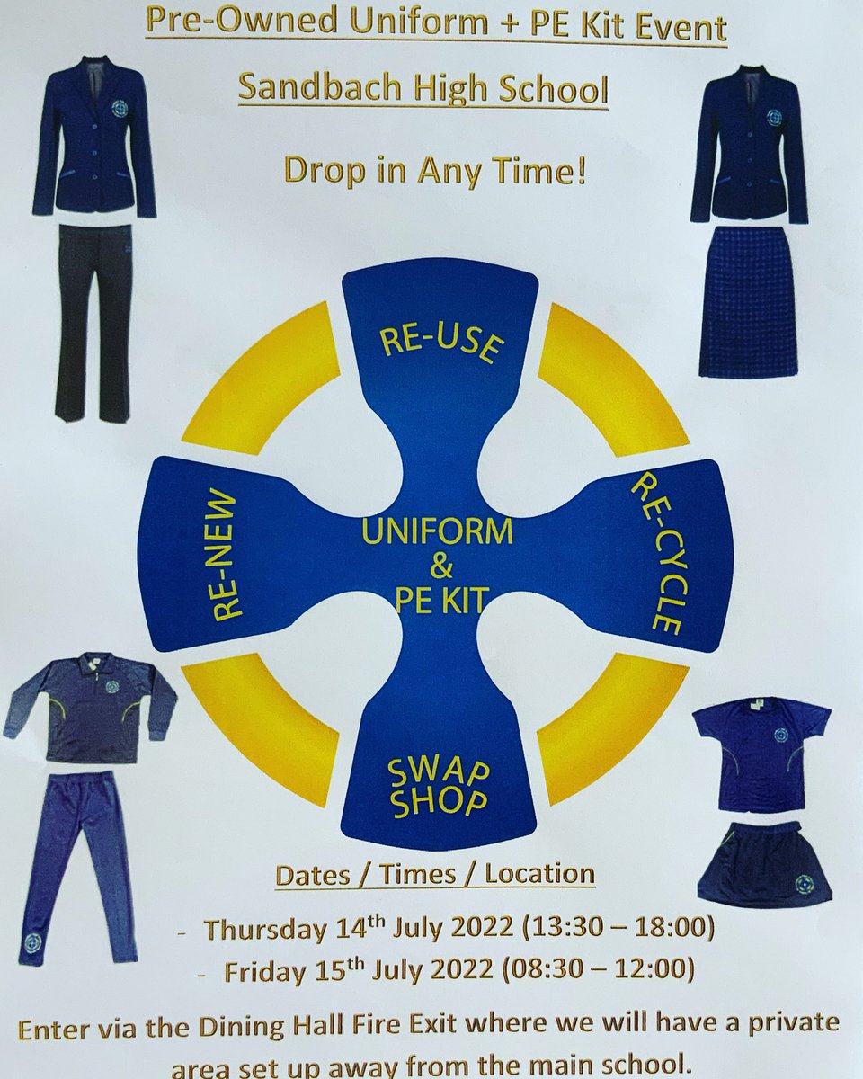 Uniform event please pop along anytime to take or swap any outgrown unwanted items of uniform 😊 <a href="/SandbachHigh/">Sandbach High School</a> <a href="/sandbachlife/">duchess</a> <a href="/SandbachNubNews/">Sandbach Nub News</a> <a href="/OffleyCW11/">Offley Primary</a> <a href="/ElworthCE/">Elworth CE Primary</a> <a href="/Elworth_Hall/">Elworth Hall School</a> @SandbachP <a href="/MablinsSchool/">Mablins Lane</a> <a href="/HungerfordAcad/">HungerfordAcademy</a> <a href="/monkscop/">Monks Coppenhall</a> <a href="/LeightonAcademy/">Leighton Academy</a> <a href="/smcaschool/">St. Michael's CA</a> <a href="/thedingleschool/">The Dingle Primary</a>