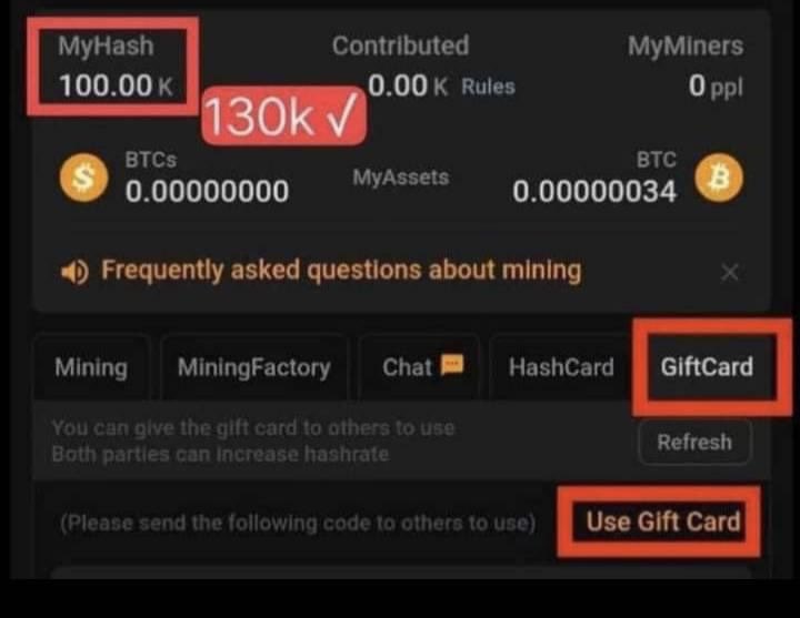 CoreHoneycomb's tweet image. New miners are required to register for a gift card. 

MyHash 100K -&amp;gt; 130🔥K

Giftcode: 44jg7af , 44mtkjj 🎁

Hash power = #BTCs🚀

⭐️only! once! after signing up!

MyHash Power = Increase in #BTCs mining volume 

what i have to do ⛏Mining⛏