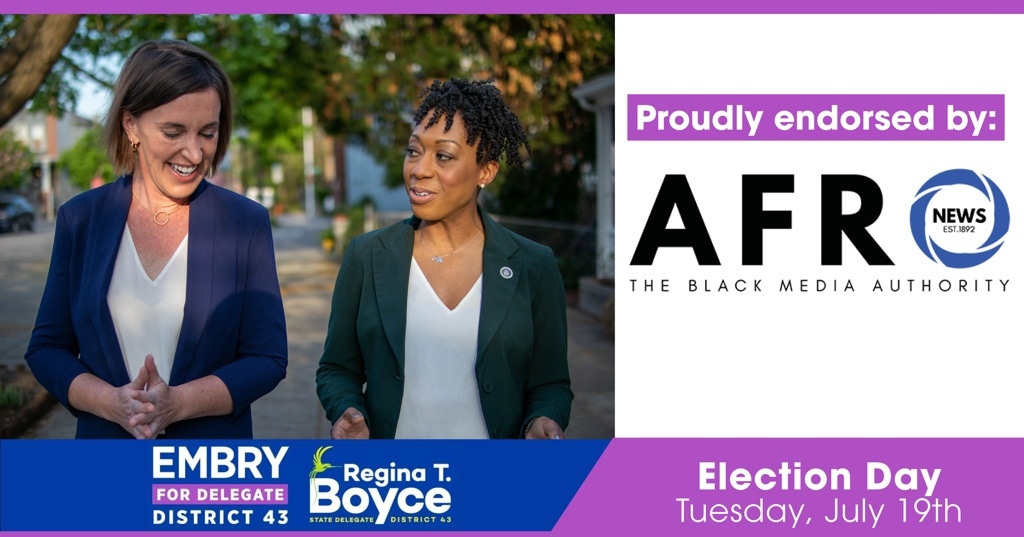 reginatboyce's tweet photo. Incredibly honored to be endorsed by @afronews!
The #BoyceEmbry Team continues to show #43A that #experiencematters and now more than ever #womenleaders are needed in elected office.
#Working4MD #ReElectBoyce #ElectEmbry #election2022 #TheAfro https://t.co/60v56bvrWJ