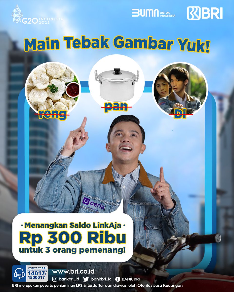 BANKBRI_ID's tweet photo. SAATNYA KITA KUIS SOBAT BRI 💸💸💸

Jawab Pertanyaannya, dapetin hadiah saldo LinkAja @Rp 100 ribu. Ditunggu sampe 16 Juli yaaa!

#BRI #MemberiMaknaIndonesia https://t.co/8pFxhXK1wZ