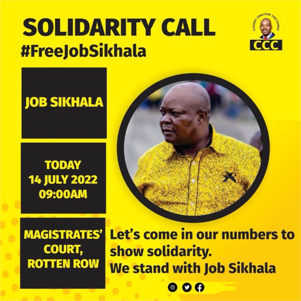 ElaJemapel's tweet photo. Today 14th July 2022, Job Wiwa Sikhala @JobSikhala1 will unjustly be at the Rotten Row Magistrate’s Court. On this day #WiWaDay let’s turn anger into action by having as many people show up in solidarity.
#FreeNyatsime13
#FreeWiwaNow
#FreeAllPoliticalPrisoners
#AngerIntoAction https://t.co/dOJIIOaCey