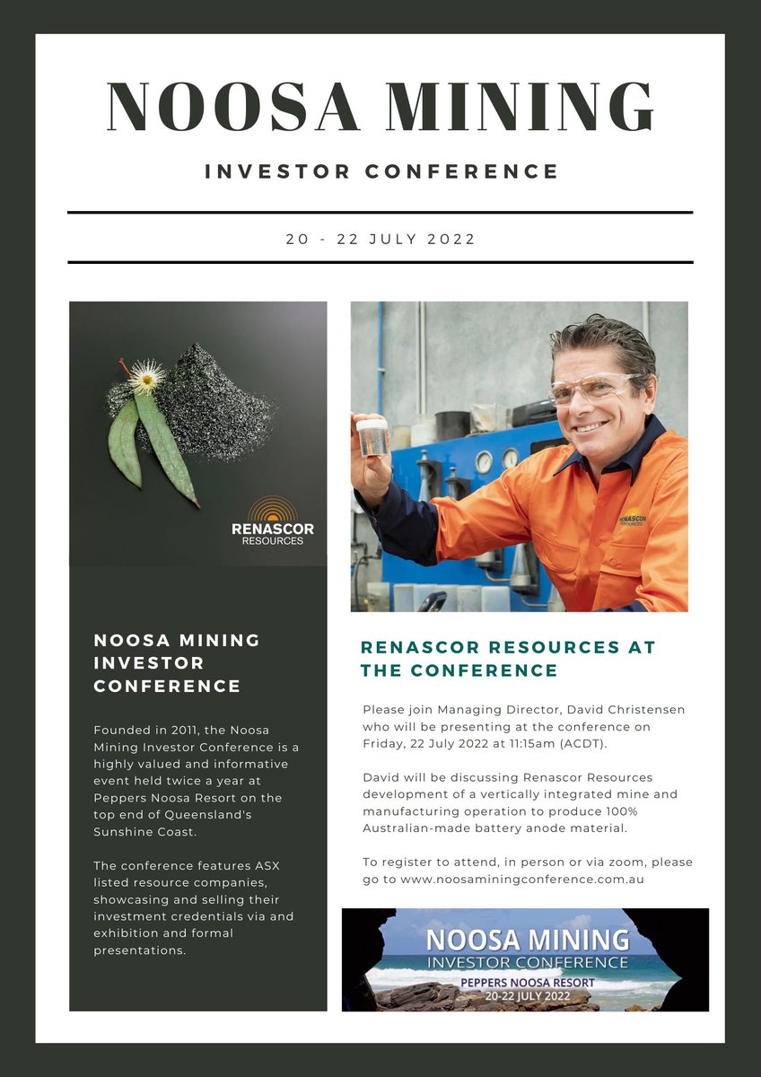 Renascor_ASX's tweet photo. $RNU Managing Director @_D_Christensen on Friday, 22 July 2022 at 11:15am (ACDT), discussing #RenascorResources development of a vertically integrated mine and manufacturing operation to produce 100% #AustralianMade battery #anodematerial. To attend, go to https://t.co/nWwcETLGOb https://t.co/mnsdhIY6AA