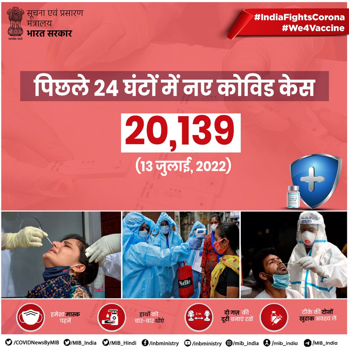 COVIDNewsByMIB's tweet photo. #IndiaFightsCorona:

📍New #COVID19 cases in last 24 hours (As on 14th July, 2022): 20,139

✅Keep following #COVIDAppropriateBehaviour 

➡️Always wear a mask
➡️Wash/sanitize hands regularly
➡️Maintain distancing
➡️Get yourself fully vaccinated

#We4Vaccine 
#Unite2FightCorona https://t.co/zUnMRezuyk