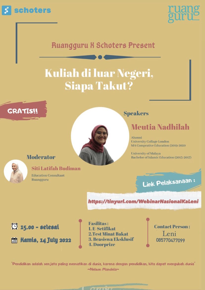 Save the date:
📆 Kamis, 14 July 2022
⏰ 15-00 - Selesai
 💻 GoogleMeet (tinyurl.com/RuangguruXScol… )
Link Pendaftaran : tinyurl.com/WebinarNasiona…
#studytwt #AMBISVERSE #ambistwt