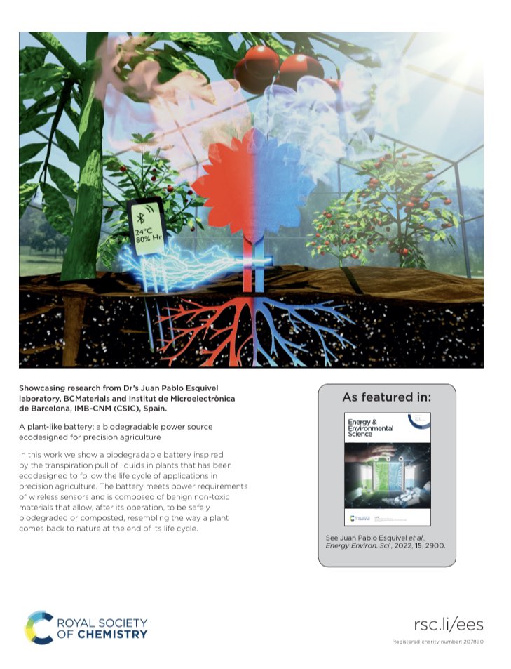🌱🔋 Our article “A plant-like #battery: a #biodegradable power source ecodesigned for precision agriculture” has been featured in the inside back #cover of this month’s issue of @EES_journal. Cool in-house artwork created by the artists in the team 🧑‍🎨🎨

pubs.rsc.org/en/content/art…