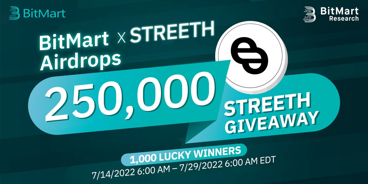 BitMart Research|$BMX HODLer (@bitmartresearch) on Twitter photo 🌟BitMart X STREETH Listing Airdrop!
1⃣Follow <a href="/BitMartResearch/">BitMart Research|$BMX HODLer</a> & <a href="/onstreeth/">Streeth | Street Art on the Blockchain</a>
2⃣Join t.me/BitMartExchang… & t.me/streethofficial
3⃣RT & Tag 3 friends
4⃣Fill out:bit.ly/3IBVbry
🥳250,000 #STREETH/1,000 winners
Register👉datasink.bitmart.site/t/j 🌟BitMart X STREETH Listing Airdrop!
1⃣Follow <a href="/BitMartResearch/">BitMart Research|$BMX HODLer</a> & <a href="/onstreeth/">Streeth | Street Art on the Blockchain</a>
2⃣Join t.me/BitMartExchang… & t.me/streethofficial
3⃣RT & Tag 3 friends
4⃣Fill out:bit.ly/3IBVbry
🥳250,000 #STREETH/1,000 winners
Register👉datasink.bitmart.site/t/j