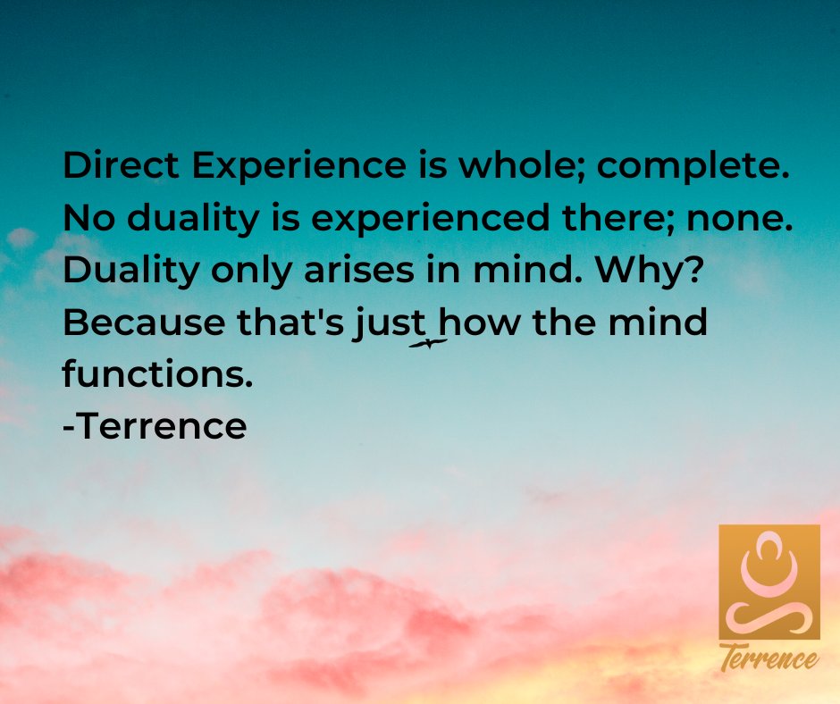 non_terry's tweet photo. Direct Experience is whole; complete. No duality is experienced there; none. Duality only arises in mind. Why? Because that's just how the mind functions. There's nothing wrong with that. An imagined world gets created. There's a massive dream going on. 
- Terrence https://t.co/jSgLsJ1KHl