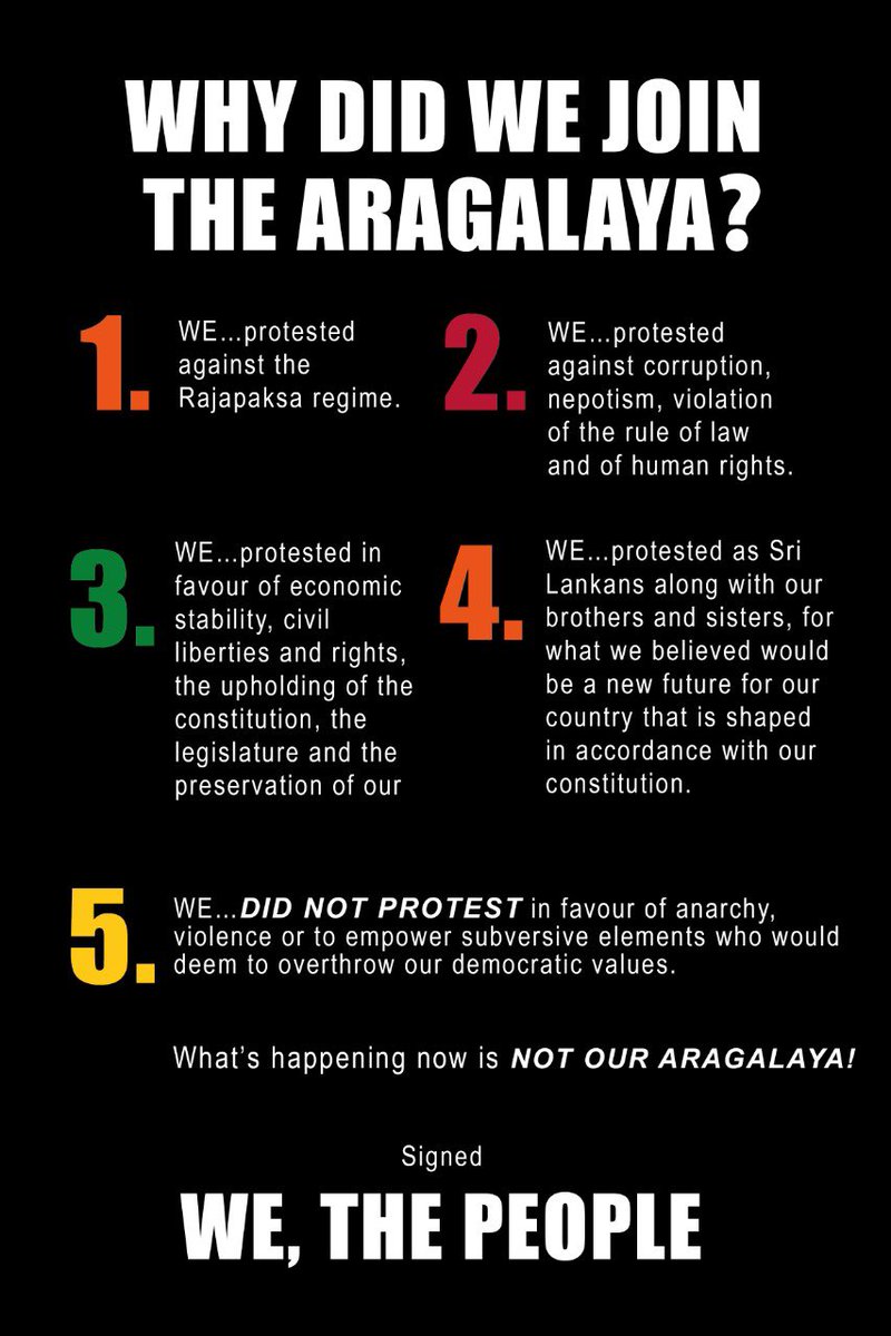 sandyasalgado's tweet photo. WHAT DID OUR ARAGALAYA ACHIEVE WITHIN 3 MONTHS? 

1. Prime Minister (MR) resigned
2. Finance Minister (BR)  resigned 
3. Cabinet resigned
4. Cabraal resigned 
5. GR fled

Such was the power of PEACEFUL PROTESTS.

What’s happening now is NOT OUR ARAGALAYA https://t.co/SesqssJmy0