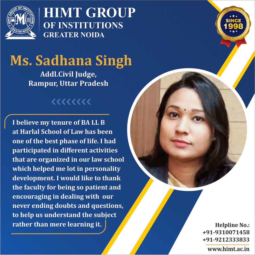 HIMTGroup1's tweet photo. 𝑊ℎ𝑎𝑡 𝑜𝑢𝑟 𝐴𝑙𝑢𝑚𝑛𝑖 𝑠𝑎𝑦𝑠 𝑎𝑏𝑜𝑢𝑡 𝐻𝐼𝑀𝑇:
𝑆𝑐ℎ𝑜𝑜𝑙 𝑜𝑓 𝐿𝑎𝑤
"𝑀𝑠. 𝑆𝑎𝑑ℎ𝑎𝑛𝑎 𝑆𝑖𝑛𝑔ℎ"
(𝐴𝑑𝑑𝑖𝑡𝑖𝑜𝑛𝑎𝑙 𝐶𝑖𝑣𝑖𝑙 𝐽𝑢𝑑𝑔𝑒, 𝑅𝑎𝑚𝑝𝑢𝑟, 𝑈𝑡𝑡𝑎𝑟 𝑃𝑟𝑎𝑑𝑒𝑠ℎ)

🌐 https://t.co/237h5D2uJa
#HIMT #law #LLB #BALLB #alumni #BestLawCollege https://t.co/Is3SXwoJEE
