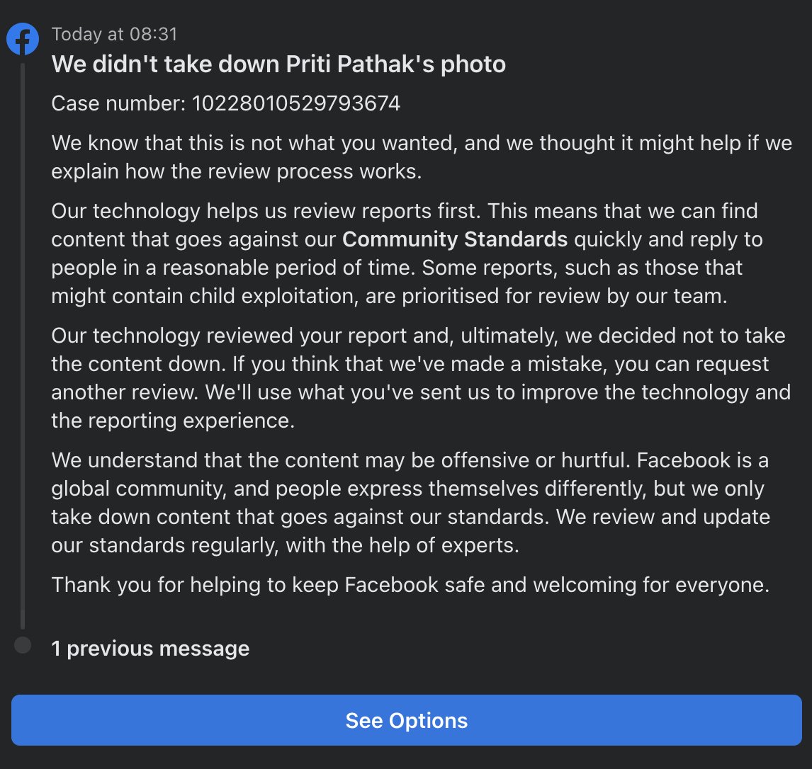 anki211990's tweet image. @facebook Isn't this violation of Privacy and a threat to an individual. Someone here is using my picture as their representation and below is the reply I get ? Are we people even safe on this platform ? 
#poorSupportExperience #privacyIssue #meta #facebook