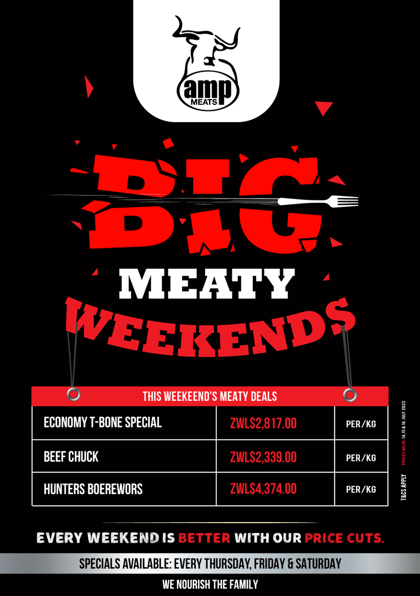ButcherBoxZw's tweet photo. AFFORDABLE &amp; GOOD QUALITY BIG MEATY WEEKENDS! 

The weekends are always BETTER with our PRICE CUTS!

Have more fun and more meat every weekend for less with AMP MEATS.

#bigmeatyweekends #ampmeats #affordable #butcherbox #qualitymeat #pricecuts https://t.co/mqbaSdw7Gy
