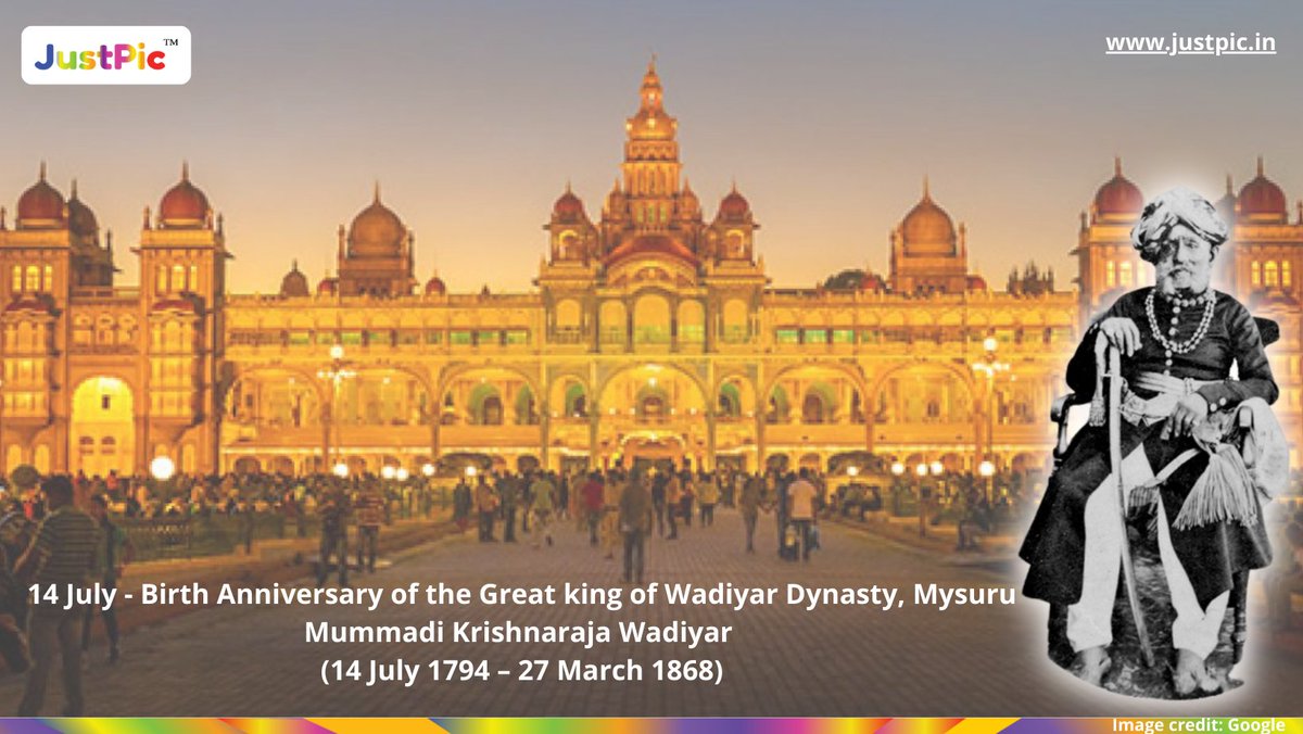 JustPicNetwork's tweet photo. 14 July - Birth Anniversary of the #Greatking of Wadiyar Dynasty, #Mysuru Mummadi Krishnaraja Wadiyar (14 July 1794 – 27 March 1868). And was responsible for the #cultural growth of the Kingdom of #Mysore.
@MYSURU_PAGE
@mysurucitycorp
https://t.co/BUg4b3ageU
#JustPic #Musuru https://t.co/6d69ka3iRA