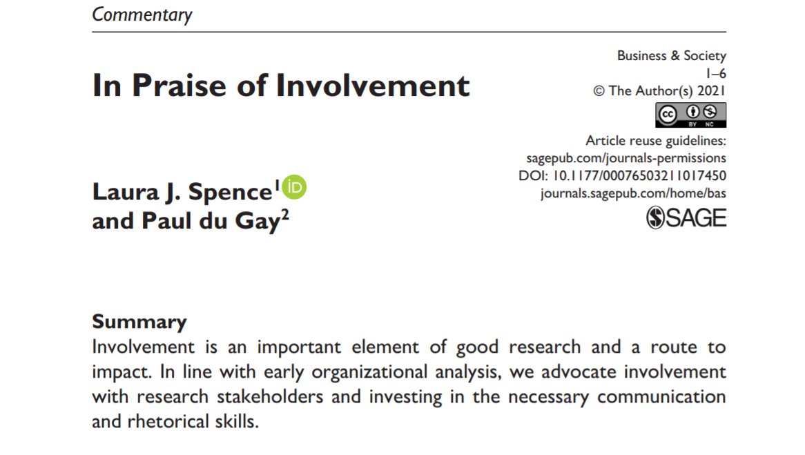 BASeditors's tweet photo. Involvement with research #stakeholders and partnering with them is necessary to create #impact, write @Prof_LSpence and Paul du Gay in #BASeditorscommentary. Read more in @BASeditors Vol 61 No 4! Available Open Access here: https://t.co/3x313CAgMs https://t.co/YS59fVNGb3