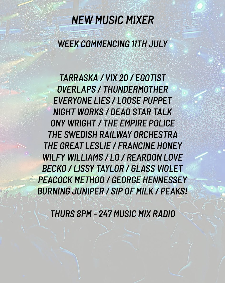 New Music Mixer (@newmusicmixer1) on Twitter photo SHOW ANNOUNCEMENT! COMING UP IN THIS WEEKS SHOW! <a href="/GlassViolet_/">GLASS VIOLET</a> <a href="/TSROmusic/">The Swedish Railway Orchestra</a> @HoneyMusicHive <a href="/tarraskamusic/">Tarraska</a> <a href="/Vixtwenty/">Vix20</a> <a href="/egotistegotist/">Egotist</a> @GHennesseyMusic <a href="/OverlapsOff/">OVERLAPS OFFICIAL</a> <a href="/THUNDERMOTHER/">THUNDERMOTHER</a> <a href="/LoveReardonLove/">Reardon Love</a> AND LOADS MORE! SHOW ANNOUNCEMENT! COMING UP IN THIS WEEKS SHOW! <a href="/GlassViolet_/">GLASS VIOLET</a> <a href="/TSROmusic/">The Swedish Railway Orchestra</a> @HoneyMusicHive <a href="/tarraskamusic/">Tarraska</a> <a href="/Vixtwenty/">Vix20</a> <a href="/egotistegotist/">Egotist</a> @GHennesseyMusic <a href="/OverlapsOff/">OVERLAPS OFFICIAL</a> <a href="/THUNDERMOTHER/">THUNDERMOTHER</a> <a href="/LoveReardonLove/">Reardon Love</a> AND LOADS MORE!