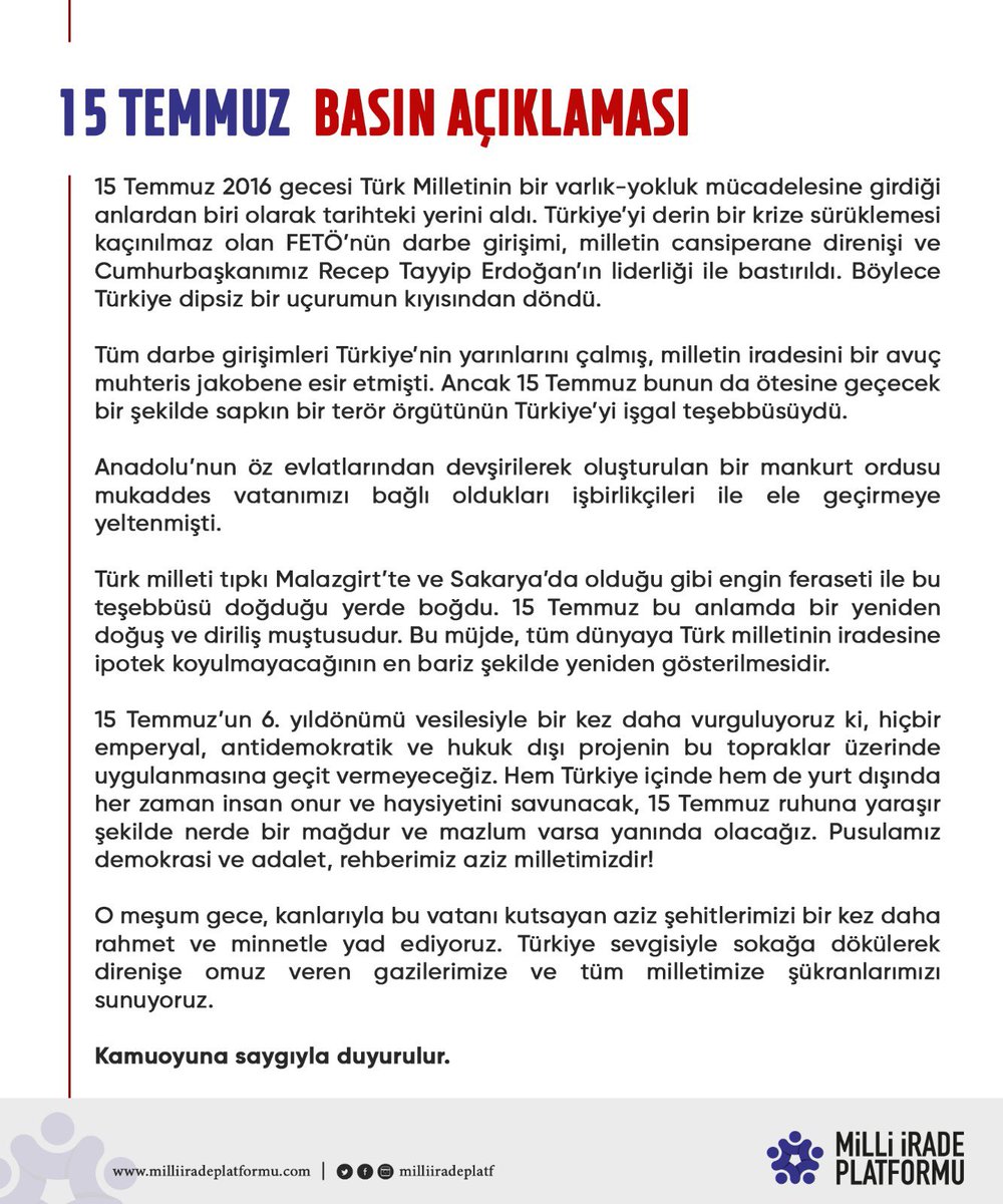 #15Temmuz Basın Açıklaması

Türkiye İçin Varız Bir Aradayız 🇹🇷