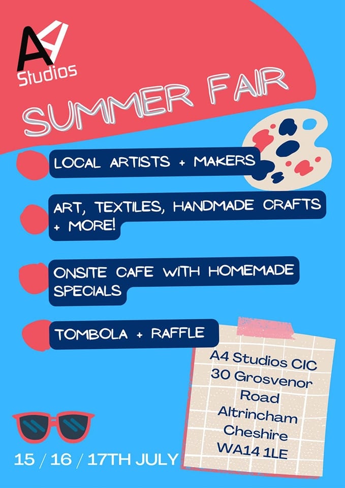 Summer fair weekend starts tomorrow!

From Friday 15th - Sunday 17th, with traders, cocktails, afternoon teas and more!

Free entry, all welcome.⁠

#summerfair #a4studios #fun #supportlocal #thingstodo #altrincham #summerartfair #summerartfestival #event #manchester #festival