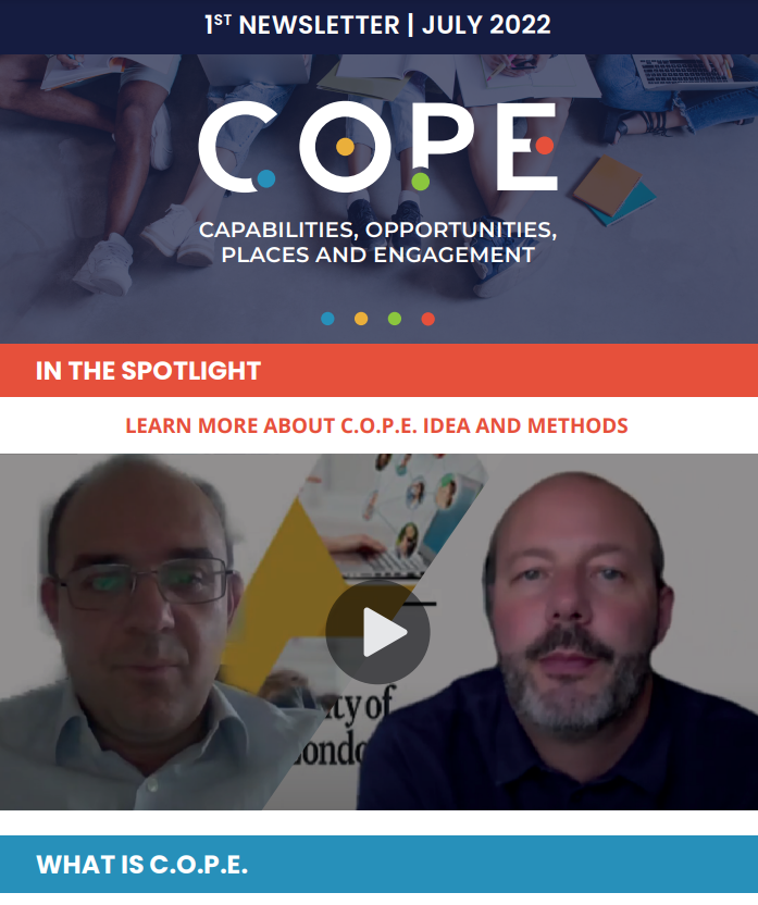 COPEprojectEU's tweet photo. Our 1st newsletter was launched!Here you can get to know more about the project, methods, and goals!Learn more about the training modules that have already happened! Keep track of everything! https://t.co/QgrpGjr5nF. #copeproject,#capabilities,#opportunities,#places,#engagement https://t.co/B1GUICjG0M