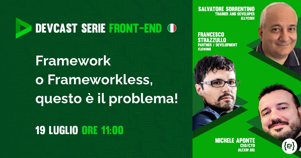 CodemotionIT's tweet image. Quando usare un #framework?
Nel nuovo #DevCast con @csharpnapoli e @TheStrazz86 scoprirai quando l&apos;uso di un framework può portare valore e quando un approccio #frameworkless è più adatto ai requisiti del progetto! Registrati 👉
live.codemotion.com/devcast/svilup…
🎙️MC @apomic80