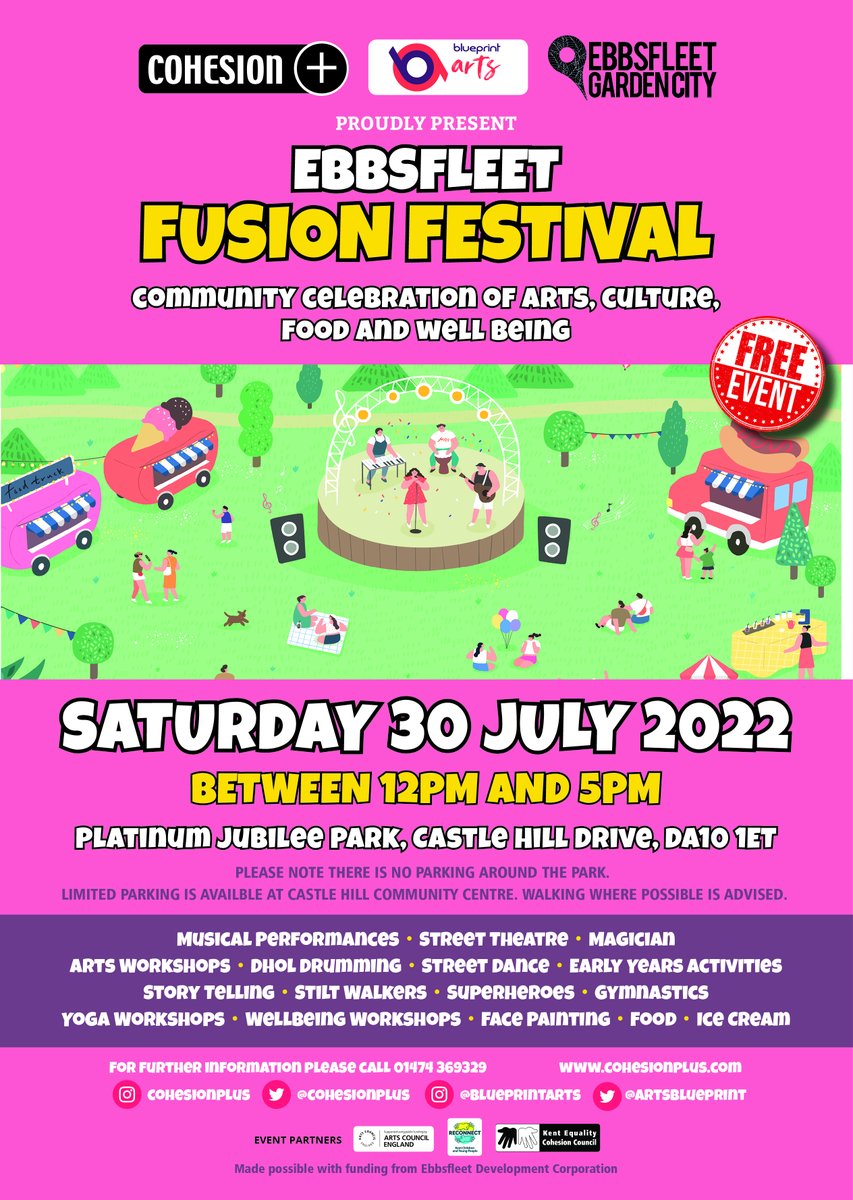 Come join us at #EbbsfleetFusionFestival to celebrate the opening of your new #PlatinumJubileePark 🌿 From 12-5pm on 30th July you can enjoy:

🤹 Street theatre
🎤Musical performances
🎨Face painting
🍦Food
👨‍👩‍👧‍👦Fun for all the family!

We look forward to seeing you there!