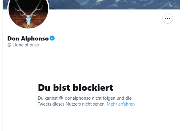 Gar nicht mitbekommen, dass der @_donalphonso mich (wieder) blockiert hat. Ist er halt in bester Gesellschaft z.B. mit @hatice_akyun und @saschalobo. Wenn die sich alle einig sind, muss es ja an mir liegen.