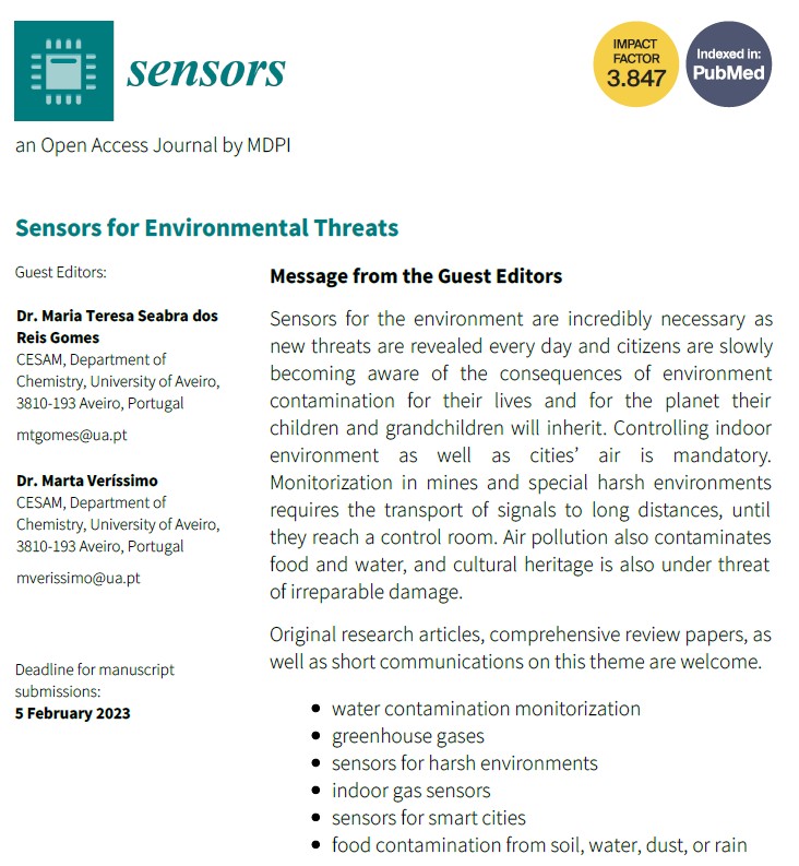 MartaISVA's tweet photo. I am glad to announce that I am Guest Editor of a SI in @Sensors_MDPI: #Sensors for #Environmental #Threats.
More information in the Flyer. 
Sensors is an #OpeanAccess #JCR (3.847) journal #Q1. #Research #Engineering https://t.co/4cr32elvq9