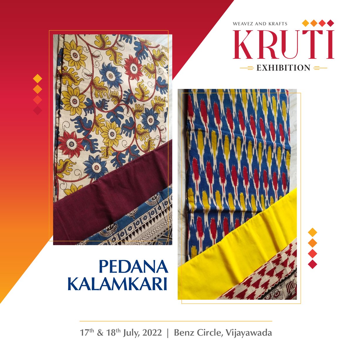 The Pedana Kalamkari Sarees are made in the town of Pedana in Andhra pradesh. Wear these sarees made from Hand blocked printing techniques, on soft cotton fabrics.

Join us at the Kruti Exhibition on 17th and 18th July.

#pedanakalamkari #WeavezandKrafts #Vijayawada #exhibition