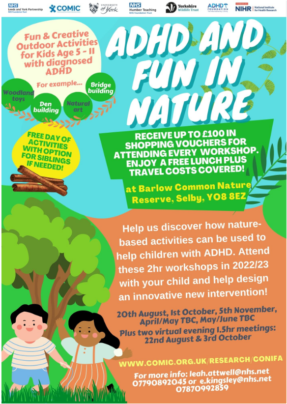 If your child is 5-11 and has ADHD, we’d love for you both to attend our fun-packed workshops: try nature-based activities &amp; tell us your favourite things about nature to help make an intervention for other children! Also seeking professionals with ADHD or outdoors expertise! 🌿