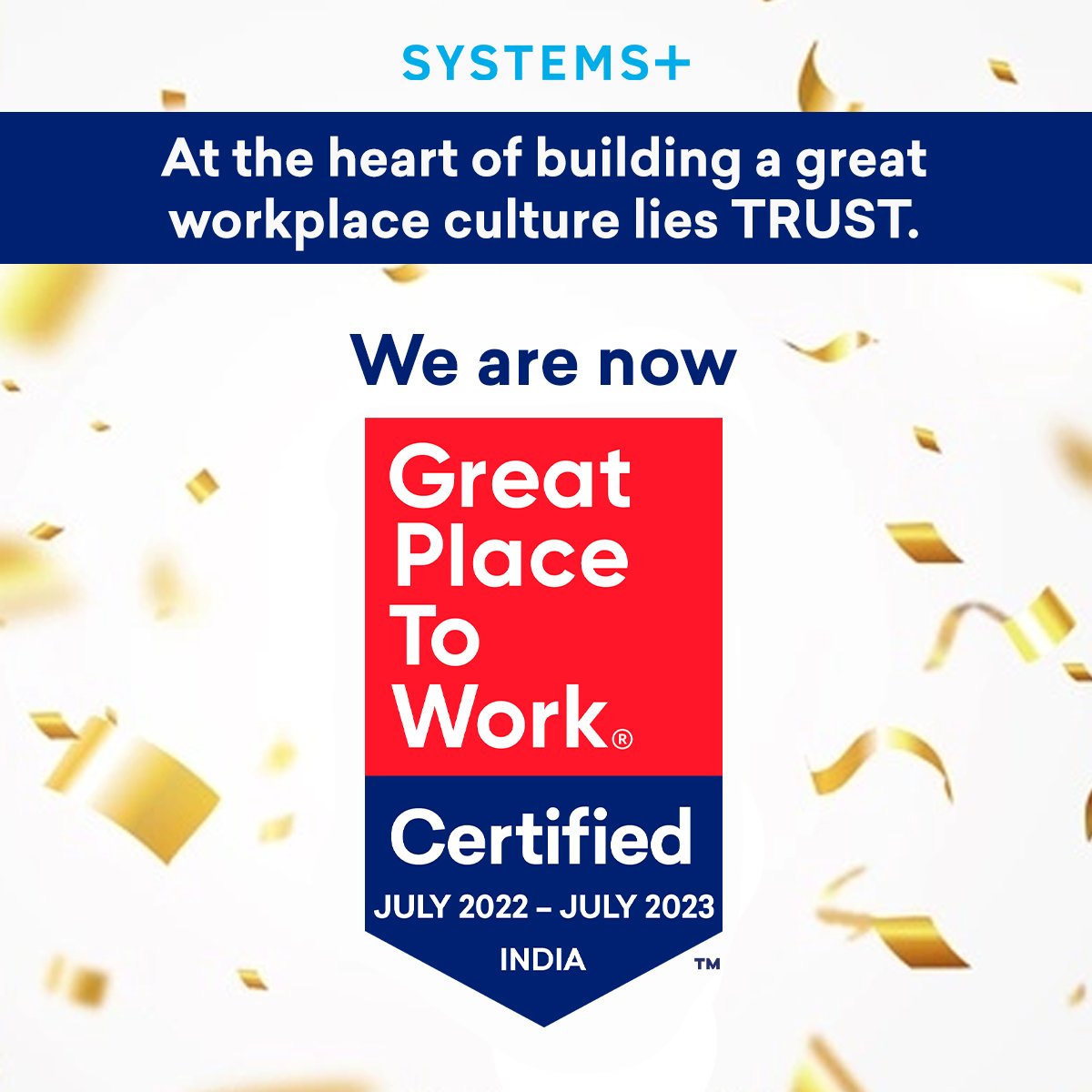 SystemsPlus's tweet image. We are delighted to share that Systems Plus has been recognized with the 2022 #GreatPlacetoWork certification. This is the second consecutive year that the company has been certified.

Congratulations, Team Systems Plus!

#SystemsPlus #Greatplacetowork #greatplacetowork2022