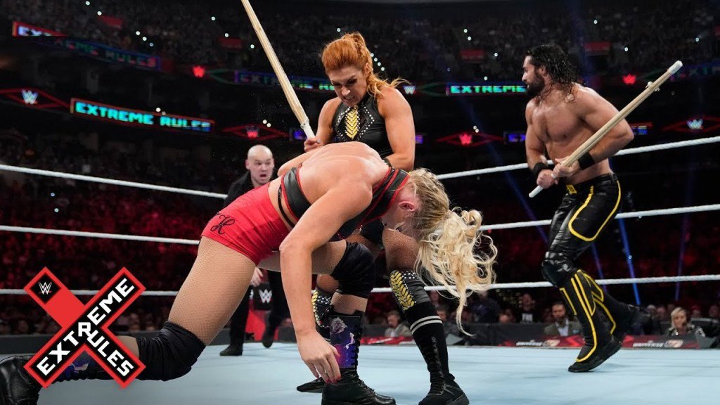 DeadlyAngelo97's tweet photo. 3 years ago at #ExtremeRules...

Becky Lynch &amp; Seth Rollins vs Lacey Evans &amp; Baron Corbin 
#TheMan 🔥 #TheBeastSlayer 🔥

A great Main Event, definitely one of the best mixed tag team matches ever. https://t.co/XoAot4WOPv