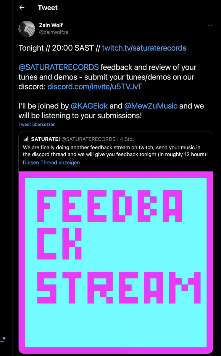 SATURATERECORDS's tweet photo. SATURATED! FEEDBACK STREAM IN ROUGHLY 6 1/2 HOURS ON OUR TWITCH (saturaterecords).
#producerstream #feedbackstream #sayhello #gutenhallo #musicisnice #saturaterecords https://t.co/veiYyLN98s