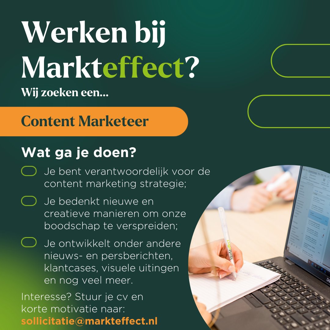 Ben jij de creatieve en zelfstandige Content Marketeer die wij zoeken?

Bekijk snel de hele vacature, laat je gegevens achter en wie weet tot snel bij ons op kantoor! werkenbijmarkteffect.nl/vacatures/30/c…

#hiring #vacature #werkenbijmarkteffect #marketing