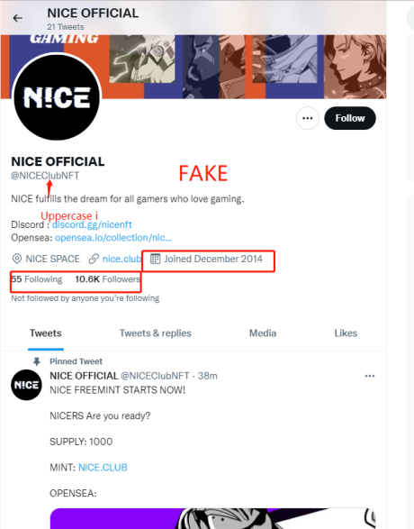 NICEClubNFT's tweet photo. This is a ❌FAKE ACCOUNT
Not our official account!!
They were using an uppercase i instead of a lowercase L, and they're still running the account!⚠️
Report it and Don't click❌ the link on their pinned post!
#attention #fake #NICECLUB https://t.co/Vy9lulJGJ6
