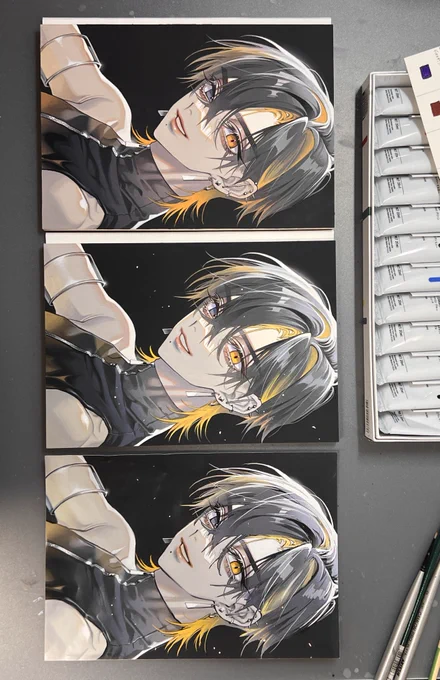 なんで同じ絵描いてるのかっていう疑問があったのですが、アクリル講座の撮影用に右のデジタルのラフを見ながら絵具で描いているからです(真ん中)🎨

ちなみに左の絵は販売ページ掲載用にあらかじめ絵具で描いていたものです。
つまり同じ絵を2枚描いてます!!!(えらい) 