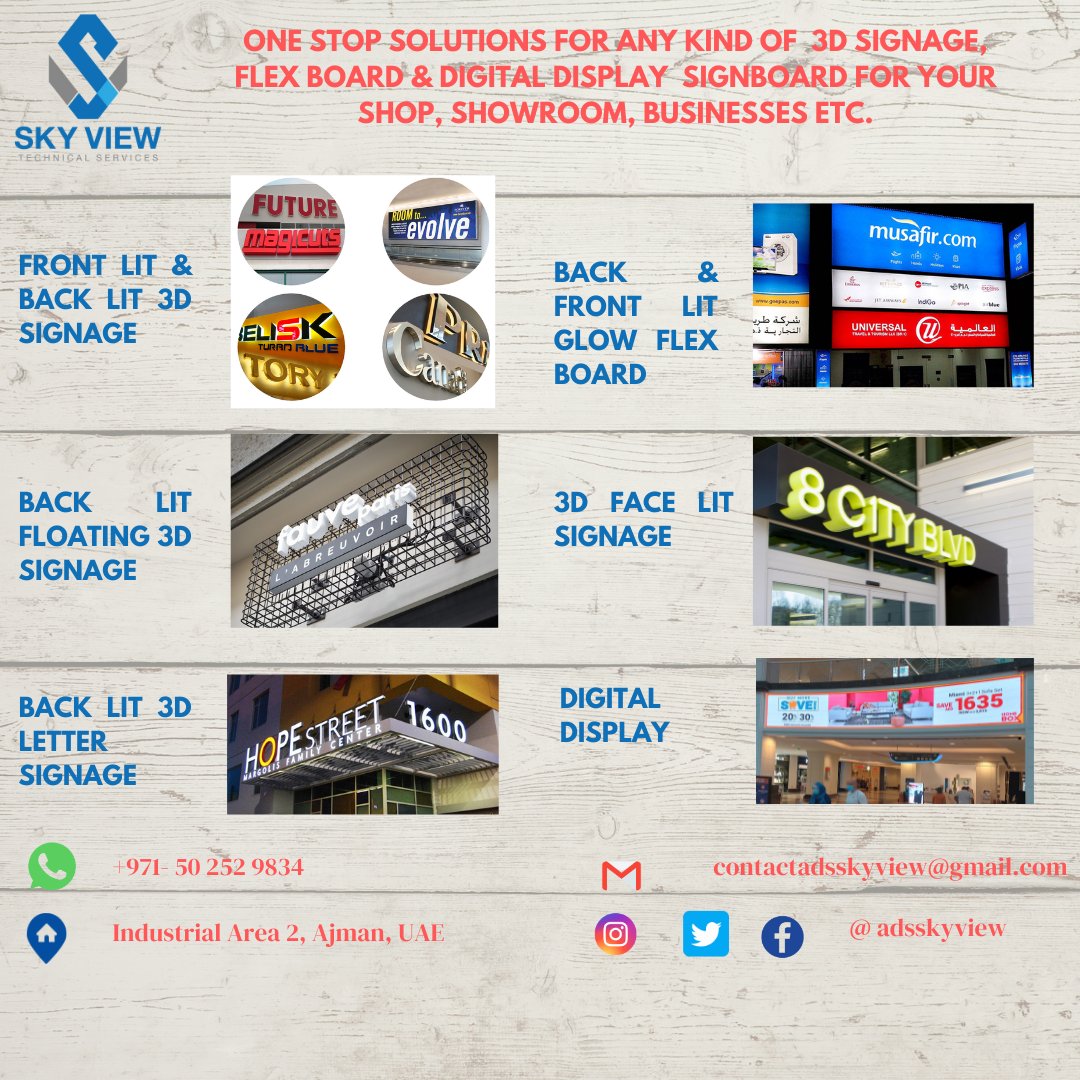 adsskyview's tweet image. ONE STOP SOLUTIONS FOR ANY KIND OF 3D SIGNAGE, FLEX BOARD &amp;amp; DIGITAL DISPLAY SIGNBOARD FOR YOUR SHOP, SHOWROOM, BUSINESSES ETC.
#3dsignage #signmaker #signboardmaker #signmakerinajman #flexboard #digitaldisplay #adsskyview #signagemaker #adsskyview