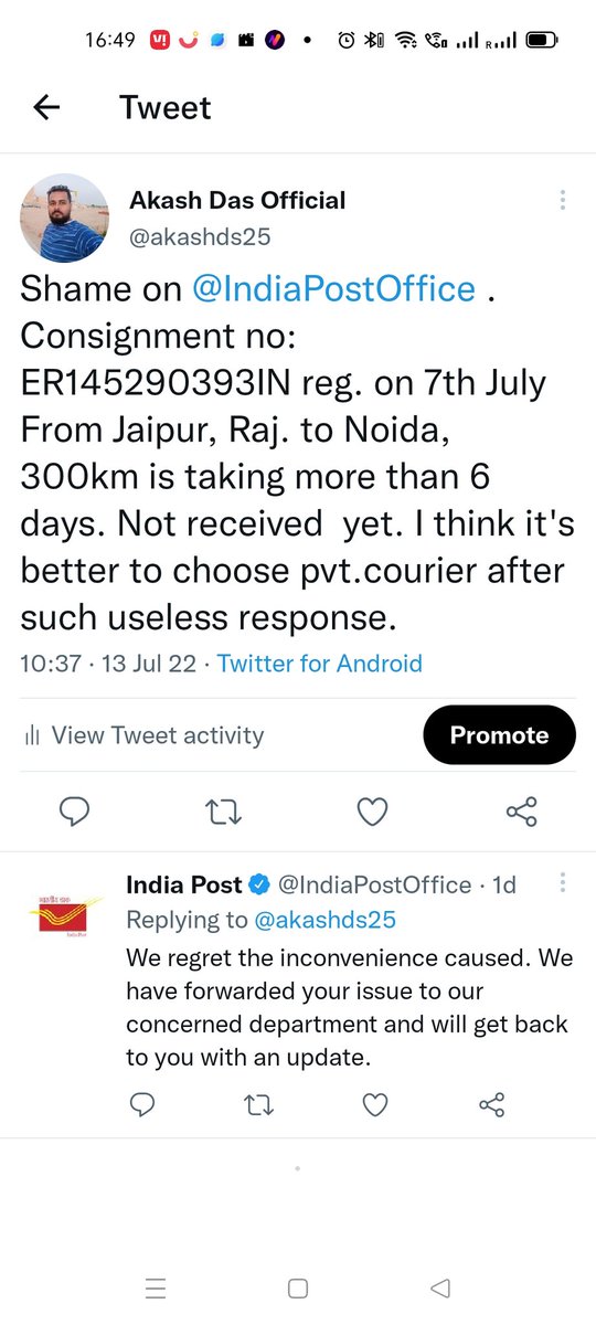 akashds25's tweet photo. It is very shameful to describe such an irresponsible @IndiaPostOffice courier delivery. I complained yesterday, postman marked as delivrd yesterday without parcel but today in the afternoon I sent someone to post office and received after that @PMOIndia @Consumer2Court @ABPNews https://t.co/bKchSW1xs2