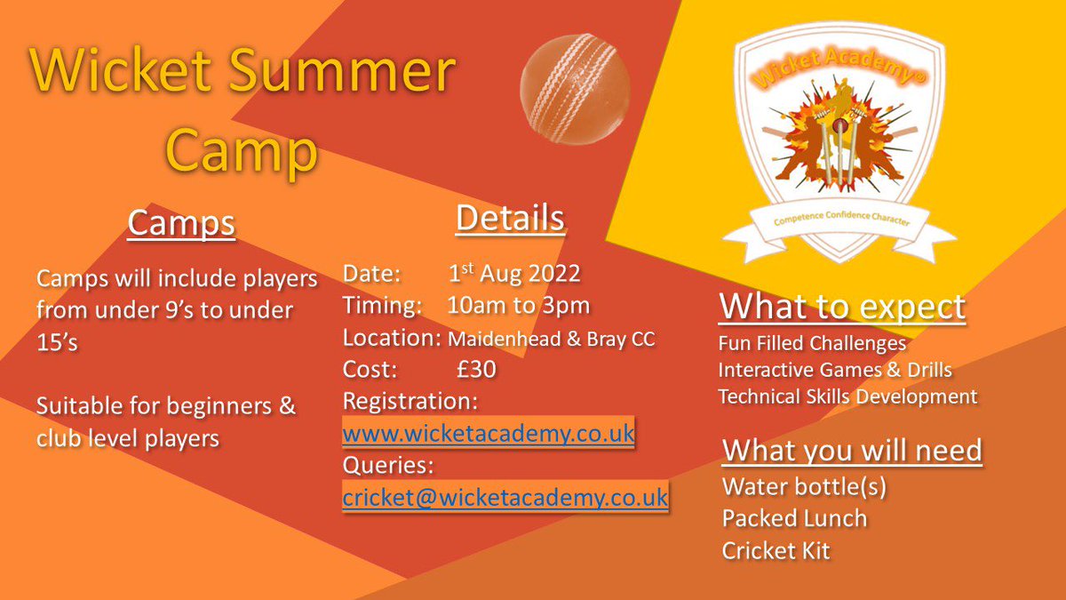 WicketAcademy's tweet photo. Due to popular demand “Wicket Summer Camp” is back again on 1st August 🏏 #Cricket #WicketAcademy. Visit https://t.co/Ybh0uePcGY for further details. https://t.co/rdmRhTBD2R