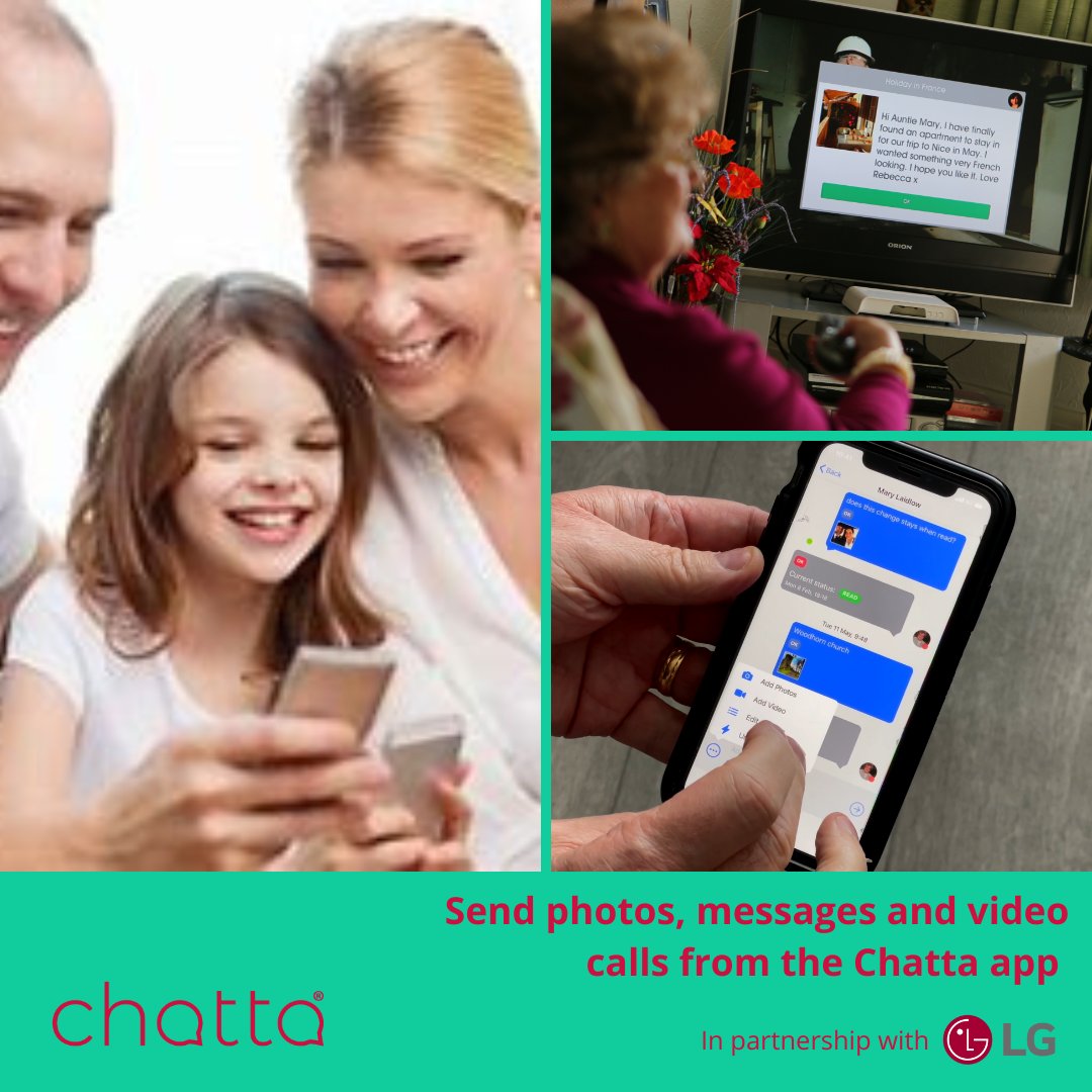 Chatta TV is the easiest way to stay in touch with elderly relatives. Calls and messages can appear over the TV show they are watching so they won't be missed. The whole family can download and use the Chatta app to keep their loved ones up to date with everyday life.