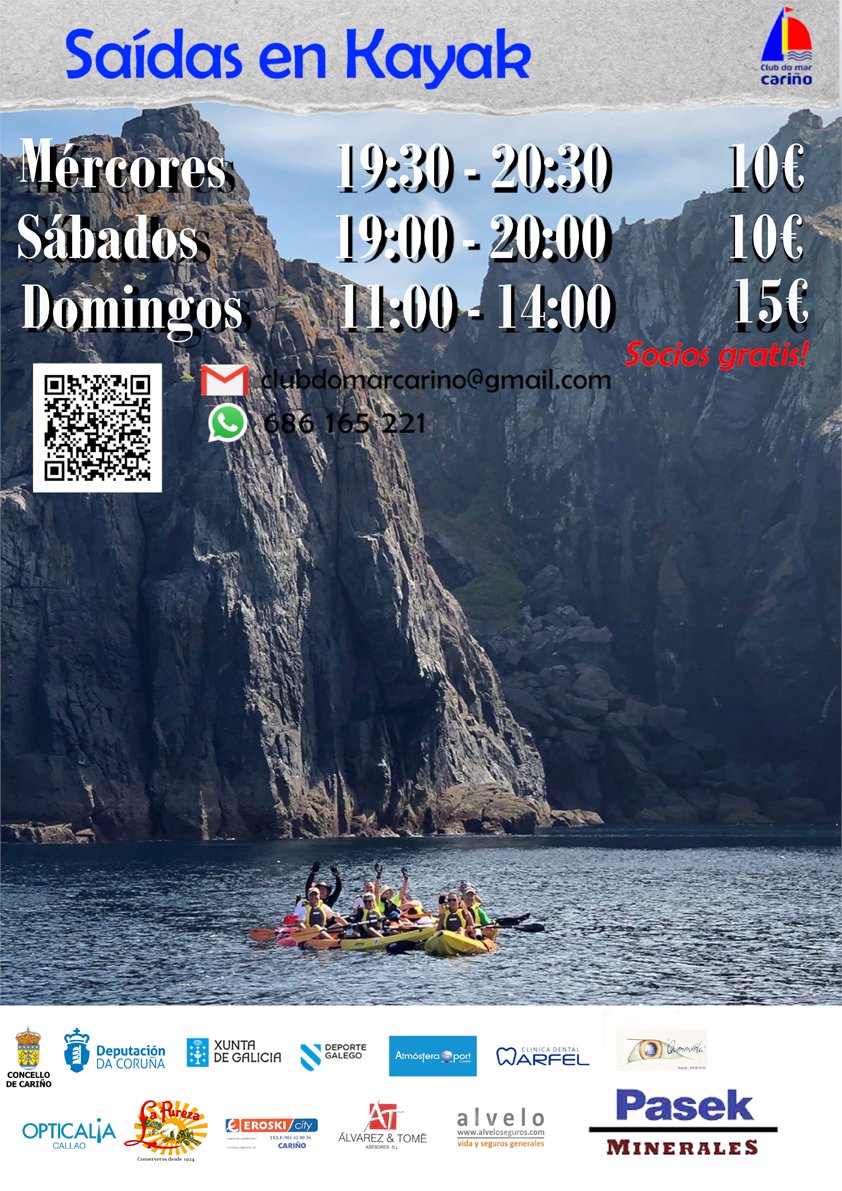 O ⛵️ Club do Mar Cariño organiza saídas en 🛶 kaiak para este verán.
Información e reservas: 
☎️ 686 165 221
📧 clubdomarcarino@gmail.com
🌐 clubdomarcarino.es/index.php/insc…