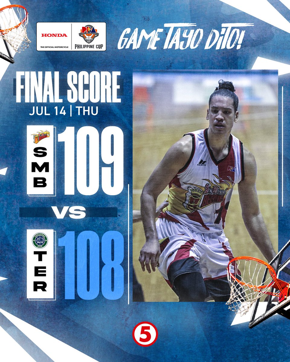 TV5manila's tweet photo. San Miguel survives in OT once again! 9-1 na sa Philippine Cup ang Beermen matapos matakasan ang Terrafirma.
#PBAGameTayoDito #IBAsa5 https://t.co/hinZAz3ZxG