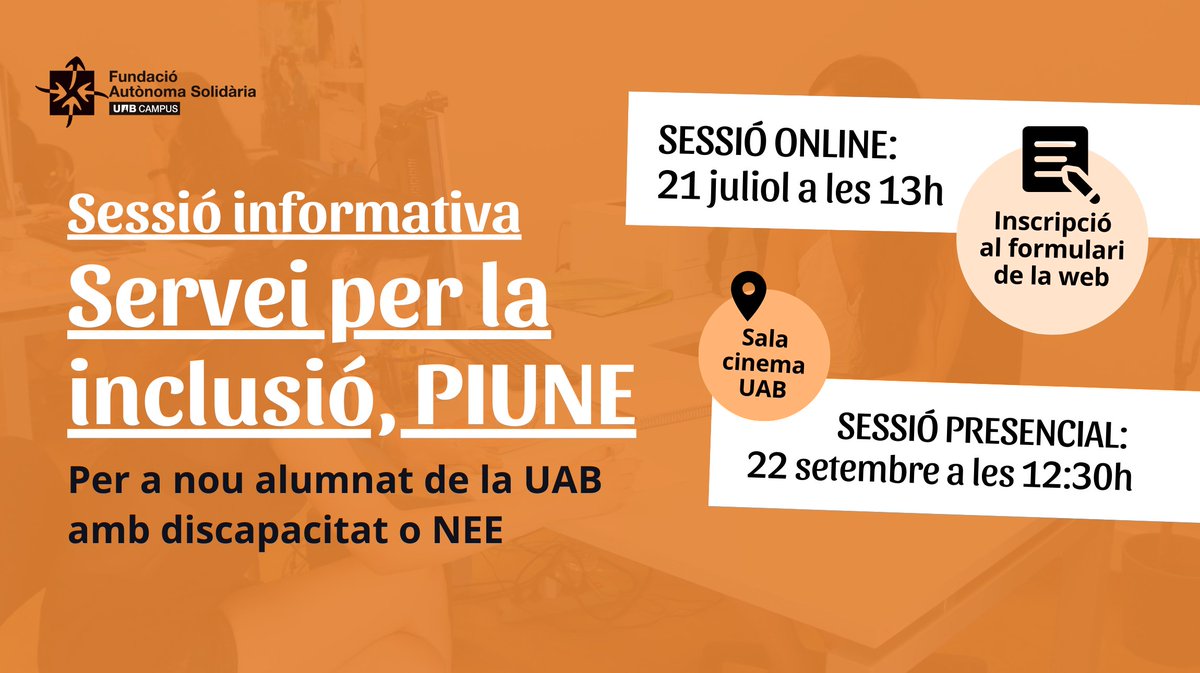 FAS_UAB's tweet photo. 👉El dijous 21 de juliol tindrà lloc la sessió informativa del Servei per a la Inclusió, #PIUNE.
Serà a les 13h, en modalitat online🖥️ i per assistir cal apuntar-se a: https://t.co/cEWgW4WXLi https://t.co/3IMhS8dRYd