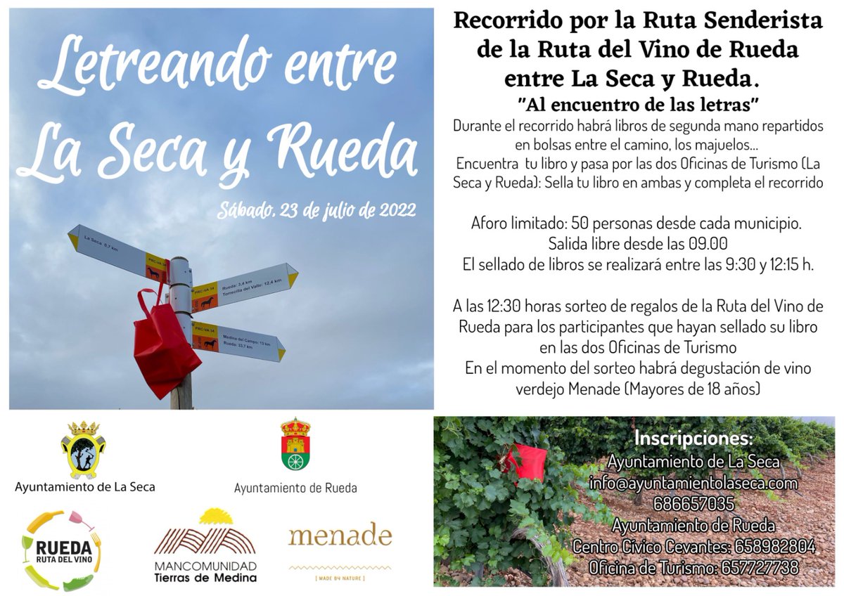 aytorueda's tweet photo. Vuelve #Letreando entre La Seca y Rueda el sábado 23 de julio. Busca entre el camino y los majuelos libros de segunda mano y séllalo en los dos municipios. Con degustación de #Menade y sorteo de la #RutaDelVinoDeRueda https://t.co/UWTjyDHU9C