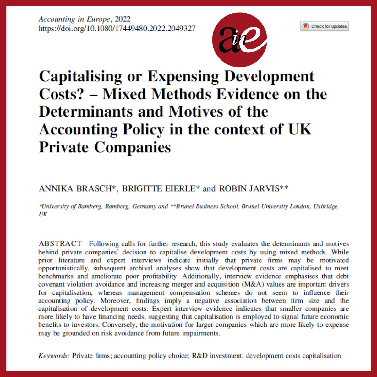 AIE_Journal_EAA's tweet photo. HOT OFF THE PRESS - New research on the #Capitalisation of #DevelopmentCosts in #UK #privatecompanies context by Annika Brasch, Brigitte Eierle (both University of Bamberg) and Robin Jarvis (@Bruneluni)
https://t.co/SmUnAPOcsP
@EAA_ARC #research #aie #rd #accounting #development https://t.co/mVJeqTC7nE