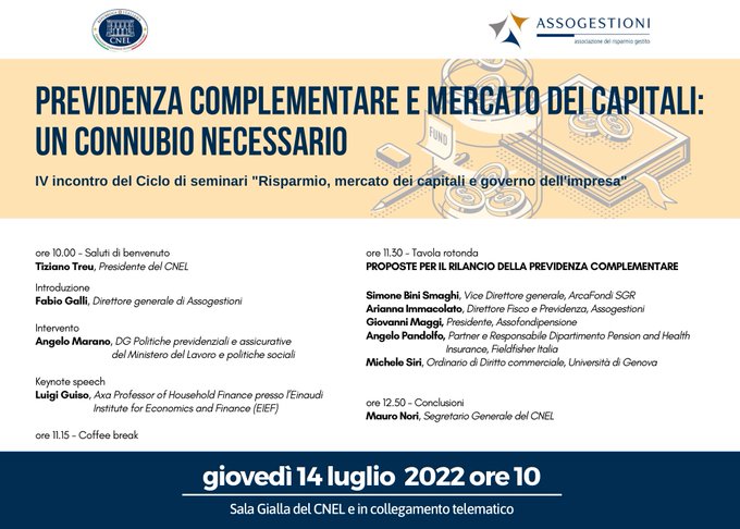 FR|Vision trasmetterà in diretta, dalle ore 10:00, il 4° incontro del ciclo di seminari promossi da <a href="/cnel_it/">Consiglio Nazionale dell'Economia e del Lavoro</a> e <a href="/Assogestioni/">Assogestioni</a> . Il tema di oggi è “Previdenza complementare e mercato dei capitali: un connubio necessario”.

𝗦𝗲𝗴𝘂𝗶 𝗹𝗮 𝗱𝗶𝗿𝗲𝘁𝘁𝗮: vision.focusrisparmio.com/ep/4-deg-semin…