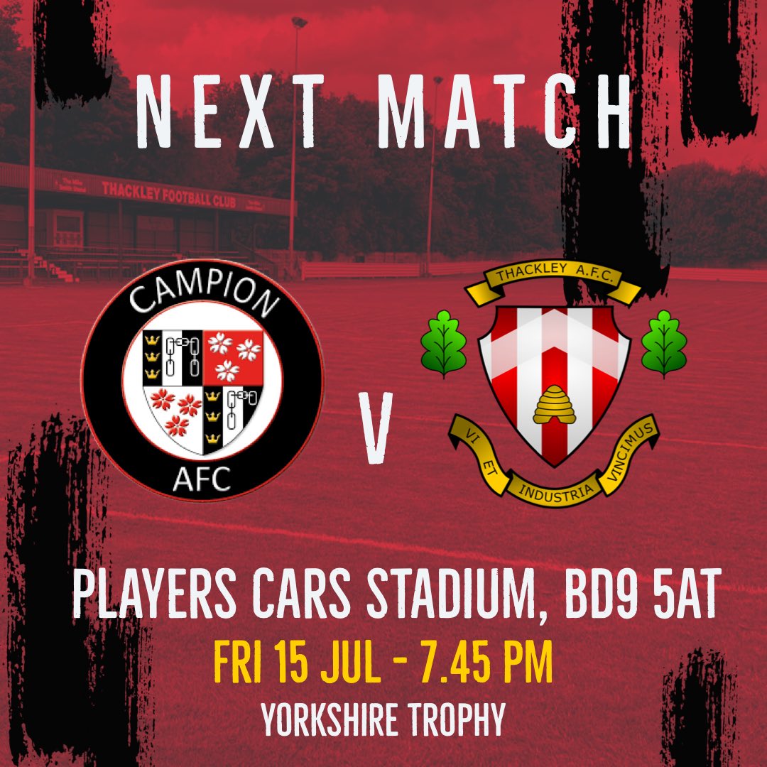 NEXT MATCH | tomorrow evening we travel to @CampionAFC with an evening fixture in the @yorkshiretrophy (7.45pm KO). All travelling support for the #Dennyboys welcome! #ThackleyAFC #Dennyboys