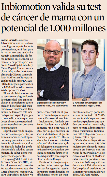 Biocat (@biocat_bioregio) on Twitter photo 📰 <a href="/inbiomotion/">Inbiomotion SL</a>, #biotech de la #BioRegió, està llesta per llançar un test que ajudarà a reduir la mortalitat en el #càncerdemama.
✅ El negoci potencial és de 1.000 M€ en els primers 10 anys.
➡️ <a href="/YsiosCapital/">Ysios Capital</a>, <a href="/_AltaLS/">ALTA LIFE SCIENCES</a> i <a href="/CaixaCR/">Caixa Capital Risc</a> en són accionistes.
👇 Avui a <a href="/expansioncom/">expansioncom</a> 📰 <a href="/inbiomotion/">Inbiomotion SL</a>, #biotech de la #BioRegió, està llesta per llançar un test que ajudarà a reduir la mortalitat en el #càncerdemama.
✅ El negoci potencial és de 1.000 M€ en els primers 10 anys.
➡️ <a href="/YsiosCapital/">Ysios Capital</a>, <a href="/_AltaLS/">ALTA LIFE SCIENCES</a> i <a href="/CaixaCR/">Caixa Capital Risc</a> en són accionistes.
👇 Avui a <a href="/expansioncom/">expansioncom</a>