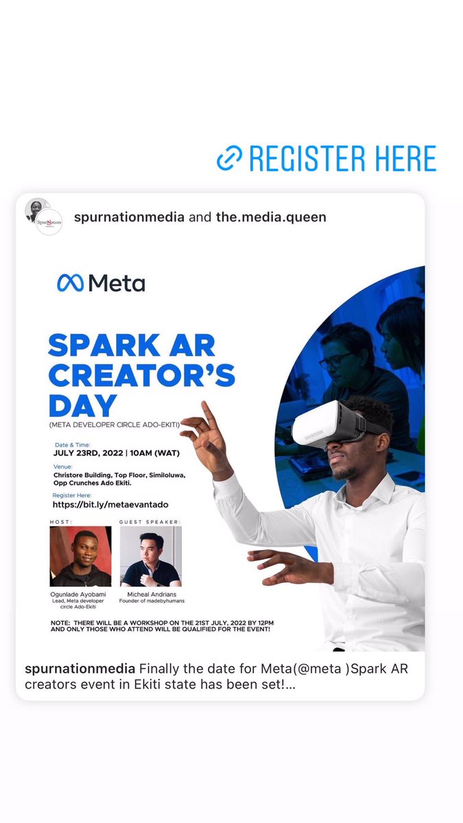 pon_milee's tweet photo. Tech bro, Tech sis!
Come and see how itโs done.
A major Tech event hitting the city of Ado-Ekiti.
I have registered, have you??
Register here๐๐ฝ
https://t.co/LNSYiATWL5
#SparkAR https://t.co/0AC6AoerzL