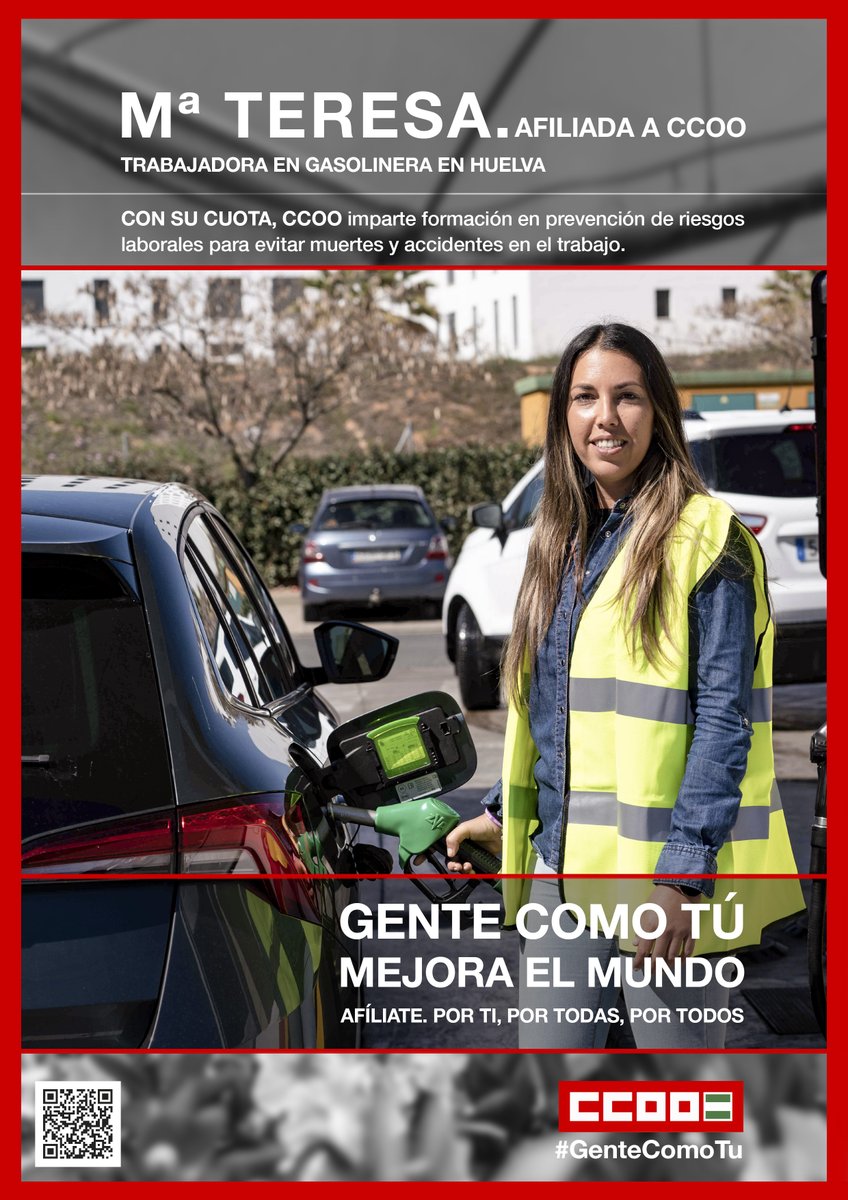 CCOOHu's tweet photo. 🔴#GenteComoTu | MªTeresa trabaja en una gasolinera en #Huelva. Afiliada a @CCOO
Con su cuota, se imparte formación en prevención de riesgos laborales
Gente como Mª Teresa y gente como tú mejora el mundo.
¡Afíliate! https://t.co/b1Z0HFkRkx https://t.co/yqkl0bO7Nk