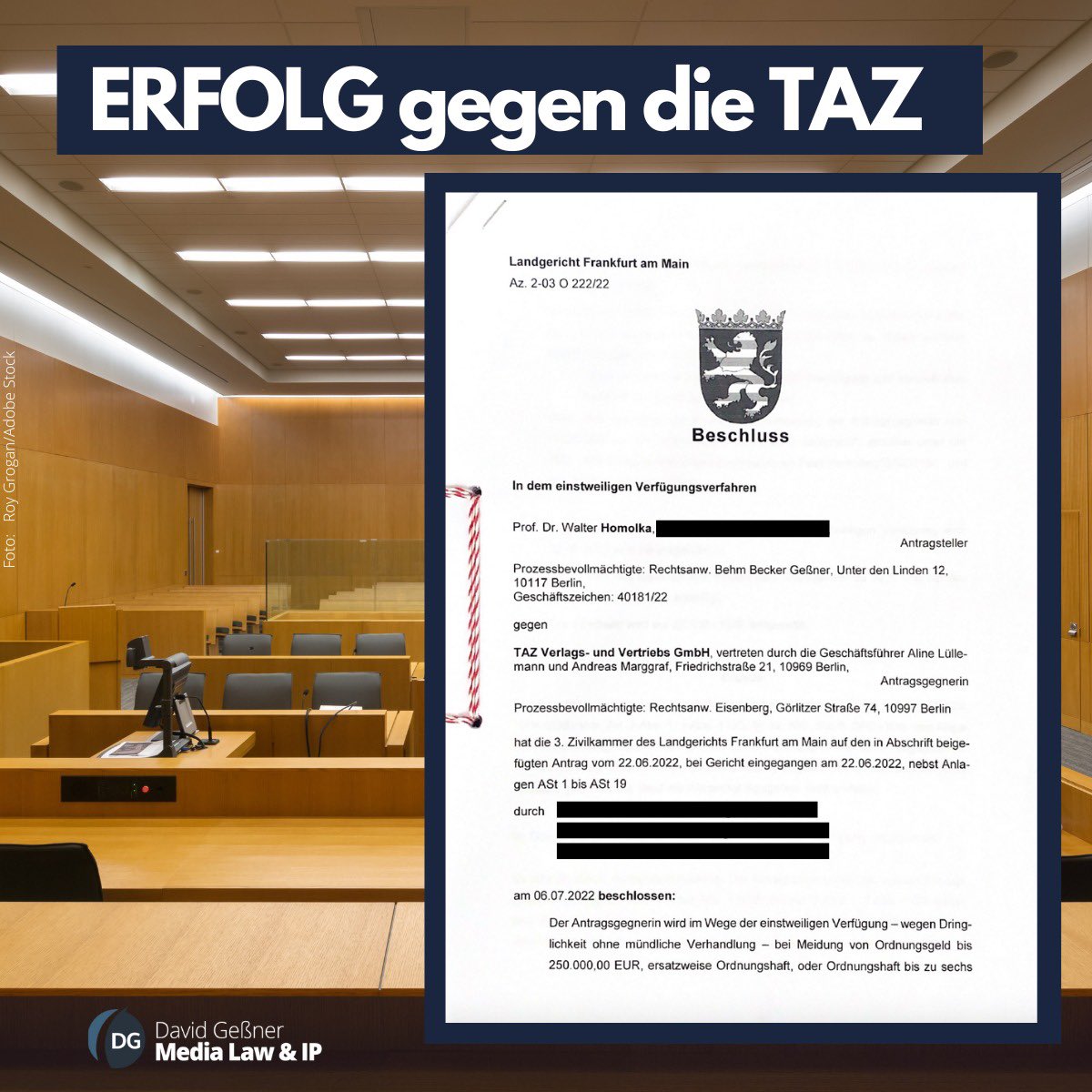 Weiterer Prozesserfolg für unseren Mandanten <a href="/HomolkaWalter/">Walter Homolka</a> im Rahmen des presserechtlichen Vorgehens gegen #rechtswidrige #Medienberichte über seine Person. 

#presserecht #medienrecht #homolka #einstweiligeverfügung #taz